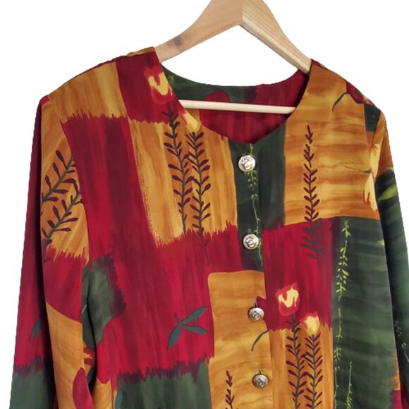 Elisabeth Williams Red Gold Green Fall Autumn Color Block Button Top Jacket Vtg - Picture 2 of 8